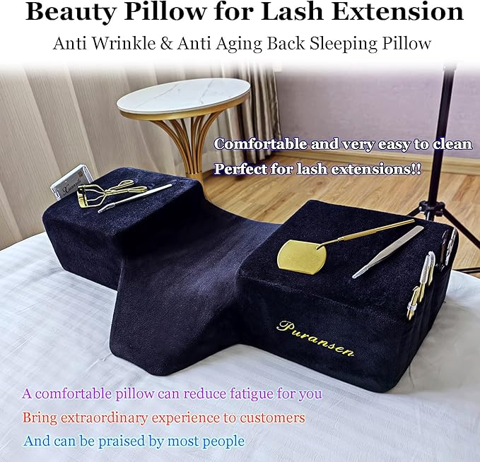 Puransen Lash Bed Pillow with Neck & Back Support - Curved Memory Foam Beauty Pillow for Eyelash Extensions & Salon Services, Two Pockets for Tools on The Sides of Removable Velvet Pillowcase (Black)