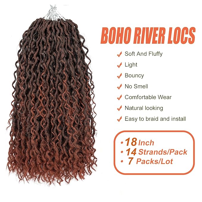 Aipin Faux Goddess Locs Crochet Hair 18 Inch Boho River Locs Hippie Locs Wavy Crochet With Curly Hair In Middle And Ends Braids Hair Extensions (7Packs,18 inch, T350)