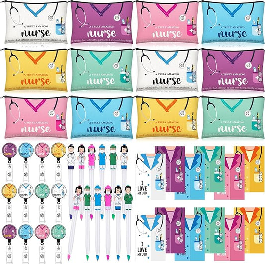 Yeaqee 48 Pcs Nurse Week Gifts 2025 Nurse Appreciation Gifts Set Include Makeup Cosmetic Bag Pocket Journal Notebooks Ballpoint Pens Badge Reel for Nursing Students Supplies(Multicolor,Stethoscope)