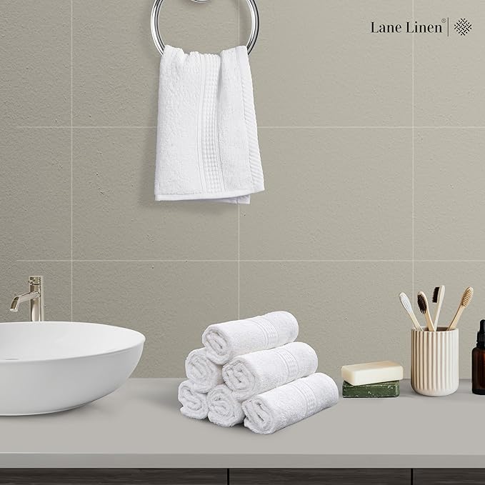 LANE LINEN 12 PC Wash Cloths Bathroom Set -100% Cotton Highly Absorbent Washcloths Bulk, Premium Spa & Hotel Quality Wash Clothes -White