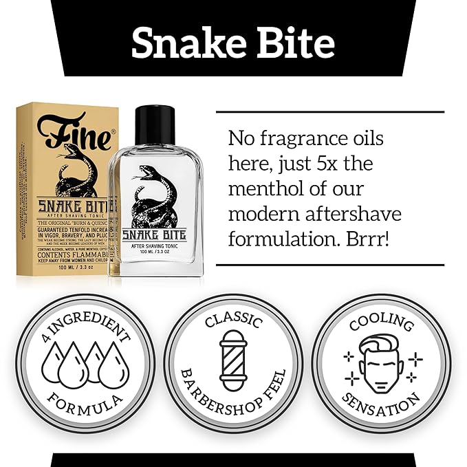 Fine Men's Aftershave - Snake Bite Fragrance, Soothing & Toning Post Shave Balm, Calms Razor Burn, Classic Barbershop Feel, Alcohol-Based Formula, Gentle for All Skin Types, 100ml