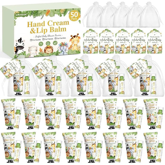 50 Pack Bulk Hand Cream and Bulk Lip Balm Gifts Sets, Baby Shower Favors and Bridal Shower Favors for Guests with Thank You Card and Organza Gift Bags, Birthday Gifts, Appreciation Gifts (Animal)