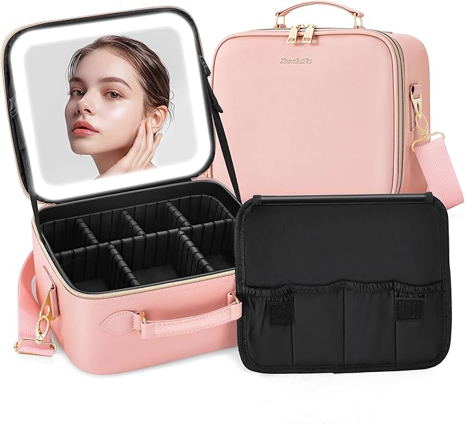 Travel Makeup Bag Cosmetic Organizer Bag with Lighted Mirror, Waterproof Makeup Bag with Light Up Mirror, Travel Makeup Case for Cosmetic Brush Holder Storage, Large Toiletry Bag Women Gift
