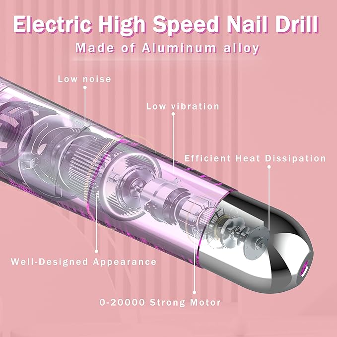 Beloving Electric Nail Drill, 20000rpm Portable Electric Nail File Efile Machine for Manicure Pedicure Acrylic Gel Nails with Nail Drill Bits, Professional Acrylic Nail Drill for Home & Salon, Pink