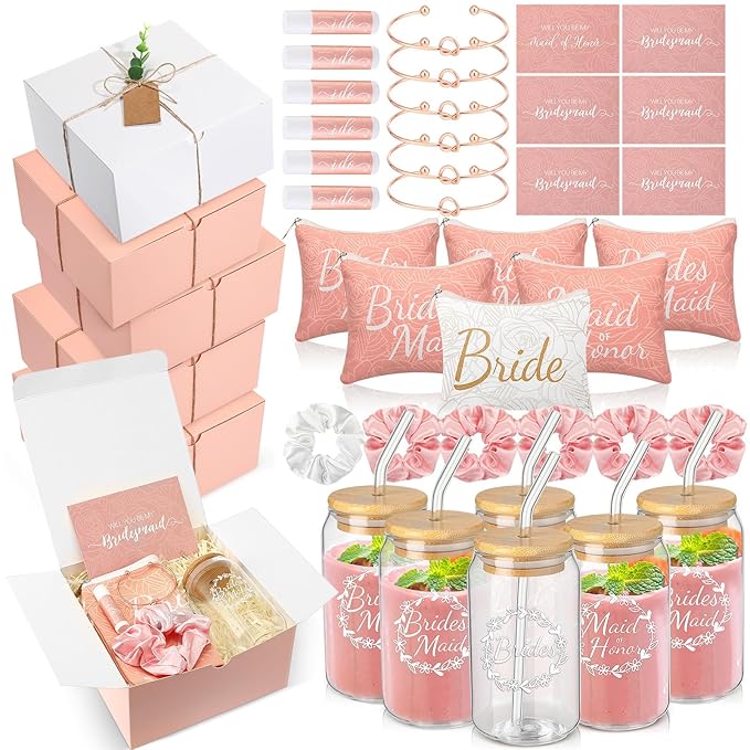54 Pcs Bridesmaid Proposal Gifts Bridesmaid Box Set Include Bridal Shower Gift Box Makeup Bag Invited Card Glass Cup Lip Balm Scrunchie Hair Knotted Bracelet for Maid of Honor(Pink, White)