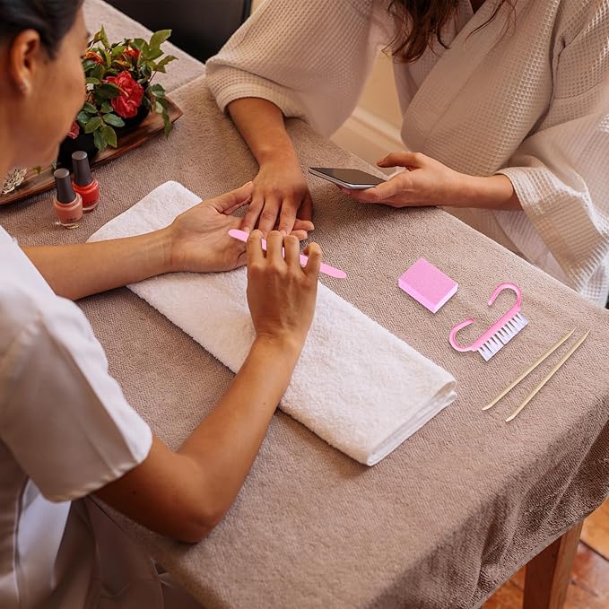 100 Sets Professional Disposable Manicure Kit Basics 4 Piece Nail Kit Wood Nail File 100/180 Grit, Mini Buffer 80/100 Grit, Wood Stick and Handle Grip Brush Gifts(Pink)