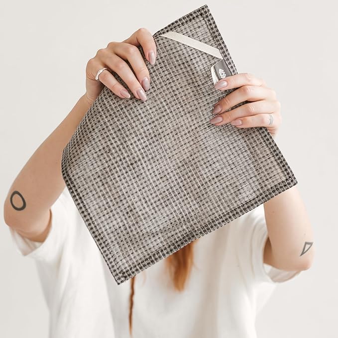 100% Flax Linen Washcloths - 4-Pack 10x10-inch Reusable Waffle Washcloths - Make up Removers Face Cloth - Black-Natural Waffle Weave Wash Cloths - Small Face Towels for Women