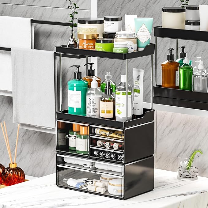 3 Tier 6-Drawer Bathroom Counter Organizer Shelf - Stackable Design - 18.9" Tall Large Skin Care Organizer Suitable as Makeup,Beauty,Face Product,Lotion,Skincare Organizers,Black
