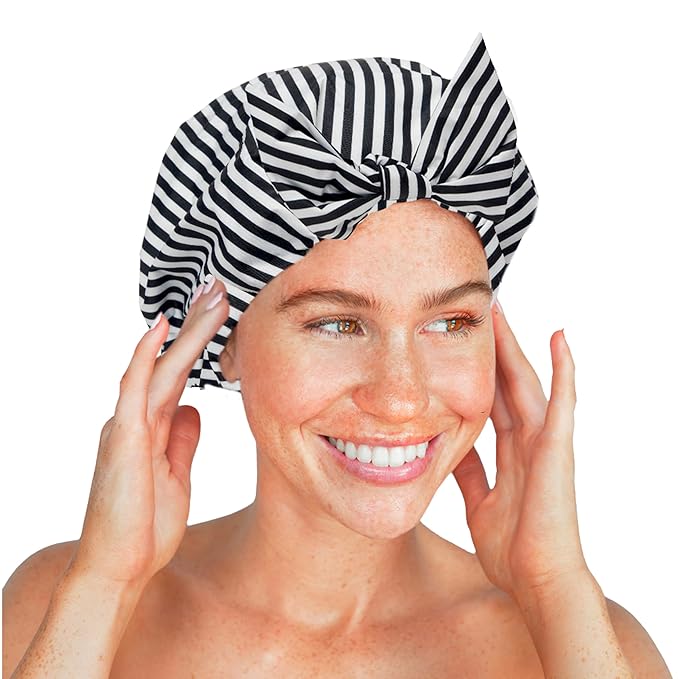 Kitsch Luxury Shower Caps for Women Reusable Waterproof - Large Shower Cap for Women and Men, Non-slip, Quick-dry Hair Cap for Long & Short Hair, Comfortable and Stylish Design - Stripe