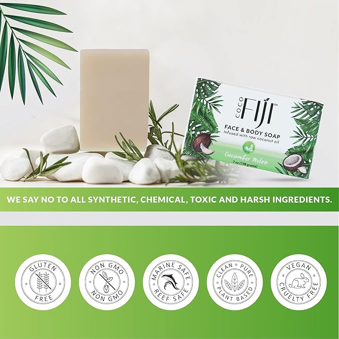 Coco Fiji Soap Bar for Face and Body Infused With Organic Coconut Oil, Cucumber Melon, Essential Oil, Natural Soap for Moisturizing & Pore Purifying Skin, 7 oz,Pack of 2