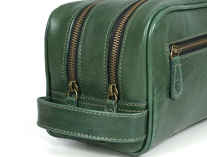 Aaron Leather Goods Leather Toiletry Bag for Men and Women Brown 10.5 Inch (Green)