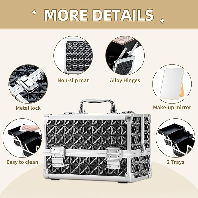 Leeora&Leekoo Makeup Train Case Cosmetic Box Portable Makeup Case Organizer 2 Trays Makeup Storage with Mirror for Cosmetologist Aesthetic Supplies Nail Tech Traveling Makeup Box (Black)