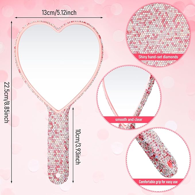 Sintuff 2 Pcs 8.85 Inch Bling Rhinestone Handheld Mirror Dazzling Adorable Heart Shaped with Handle Decorative Cosmetic Glitter Makeup Hand Mirror for Women Girls Bride Wedding Gifts(Pink)