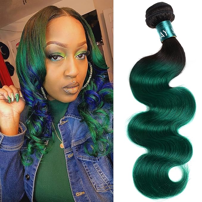 Green Ombre Bundles Body Wave 1B/Green Virgin Human Hair Brazilian Ombre Green Weave 3Bundles, 100% Human Hair Bundles Extensions for Women (141618 1B/Green)