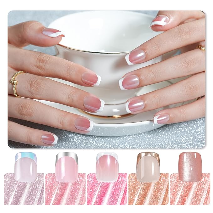 French Tip Press on Nails Short Kit Jofay Fashion Soft Gel Fake Nails 5 Styles with White&Silver& Gold&Aurora Chrome Pale Orange Cat eye, Gift False Nails Reusable Full Cover Stick on Nails, 32 Sizes