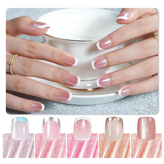 French Tip Press on Nails Short Kit Jofay Fashion Soft Gel Fake Nails 5 Styles with White&Silver& Gold&Aurora Chrome Pale Orange Cat eye, Gift False Nails Reusable Full Cover Stick on Nails, 32 Sizes