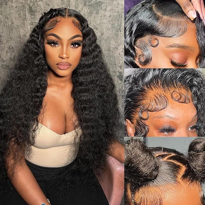 13x6 Deep Wave Lace Front Wigs Human Hair 200% Density 13x6 Lace Frontal Wigs Human Hair Natural Black Deep Curly Glueless Wig Human Hair Pre Plucked with Baby Hair(34 Inch)