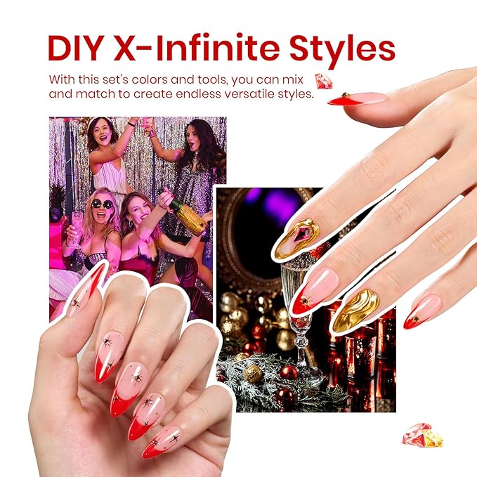 beetles Gel Polish Gem Party Gel Nail Polish with Base & Top Coat, Chrome Nail Powder, Winter PartyNails VintageNails Manicure Kit DIY Collection at home Salon Gifts Beetles X DIY Nail