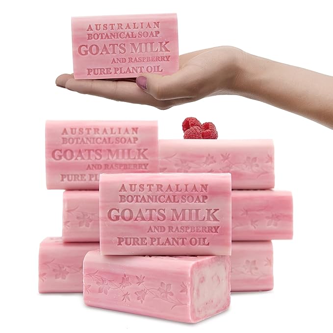 Australian Botanical Goats Milk Soap with Raspberry, 6.6 OZ, Triple Milled Bars made with a Natural Soap Base and Enriched with Organic Shea Butter, Pack of 8