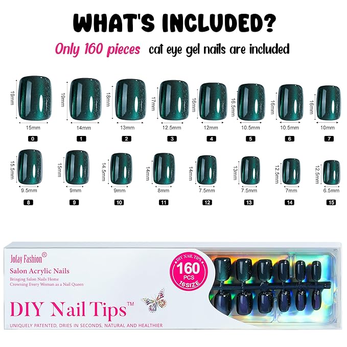 Chameleon Press on Nails Short - Cat Eye Square Glue on False Nails, Stick On in 32 Sizes - 160PCS Soft Gel Fake Nails Kit