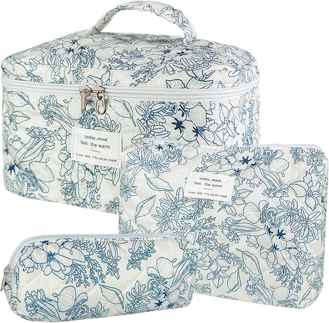 3Pcs Cotton Quilted Makeup Bag for Women Girls, Large Floral Cosmetic Bag Set Cute Makeup Brushes Aesthetic Accessories Storage Bag Flower Travel Toiletry Bag Organizer