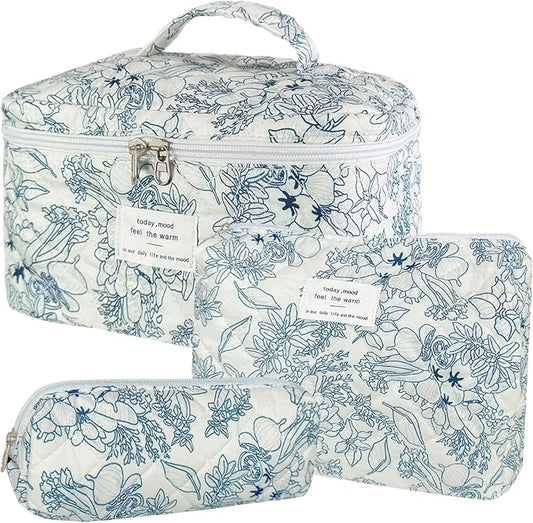 3Pcs Cotton Quilted Makeup Bag for Women Girls, Large Floral Cosmetic Bag Set Cute Makeup Brushes Aesthetic Accessories Storage Bag Flower Travel Toiletry Bag Organizer