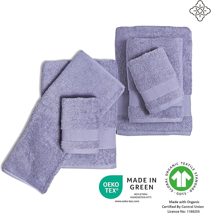 BIOWEAVES 100% Organic Cotton 6-Piece Luxury Bathroom Towels Set GOTS Certified 700 GSM, 2 Bath Towels, 2 Hand Towels & 2 Wash Cloths - Lavender