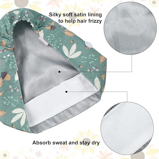 6 Pcs Satin Lined Scrub Caps Women Nurse Surgical Hat with Buttons Ponytail Working Adjustable Pouch Tie Back