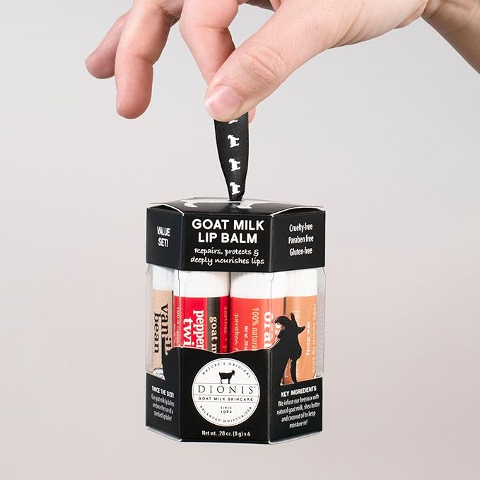 Dionis Goat Milk 6 Pc Lip Balm Ornament 2024 - Vanilla, Coconut, Milk & Honey, Berry, Peppermint & Blood Orange Scented Chapstick - Shea Butter & Coconut Oil, Protect & Restore Lips 0.28oz