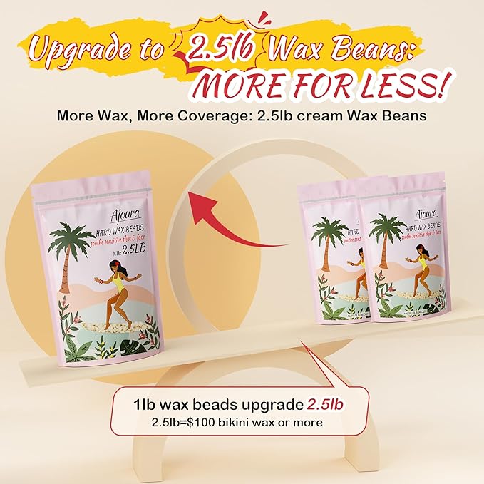 Ajoura 2.5 lb Wax Beads for Hair Removal - Premium Hard Wax for Coarse Hair, Ideal for Brazilian Bikini, Legs, Face, Underarms, Arms, Chest, Back - Sensitive Skin for Efficient Home & Salon Waxing