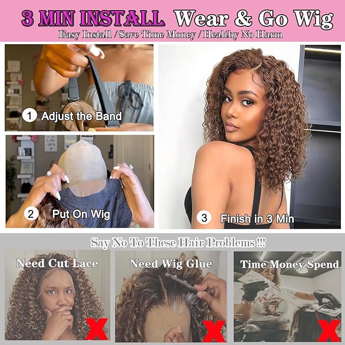 5×5 Closure Bob Wig Human Hair Glueless Wigs Human Hair Pre Plucked Pre Cut Short Curly Wig Water Wave Middle Part 4# Chocolate Brown for Women Wigs for Black Women 14Inch