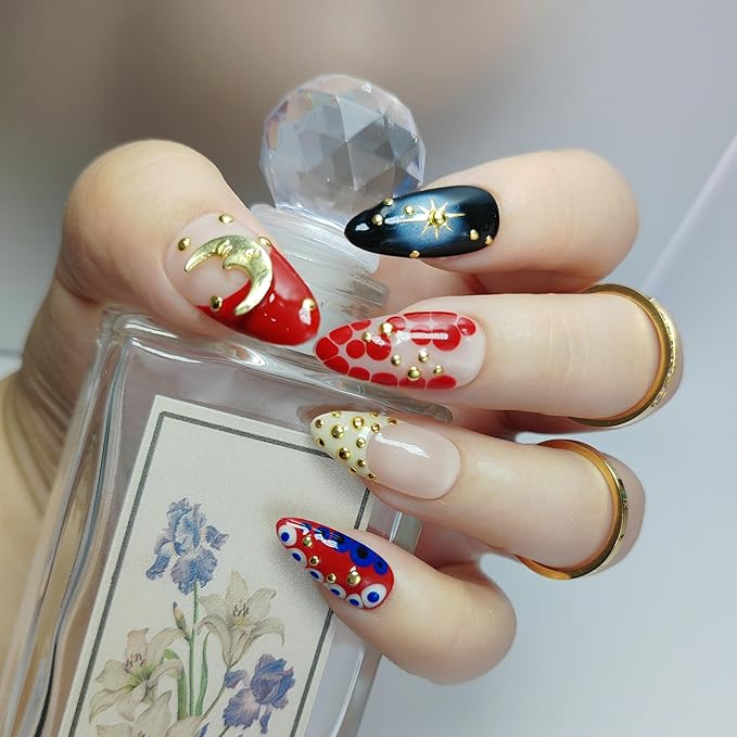 Almond Press on Nails Handmade Medium Long/Stiletto 3D Flower Fake Nail with Designs, Women Reusable False Nails (Moon Red, S)