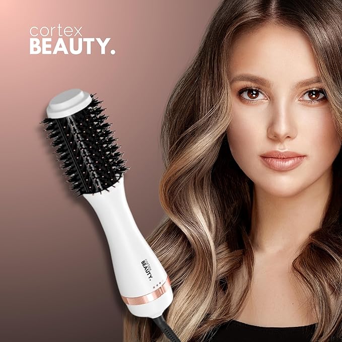 Cortex Beauty Infrared Volumizing Blowout Brush - Blow Dryer, Round Styling Tool for All Hair Types, 2" Barrel with Comb (White Rose Gold)
