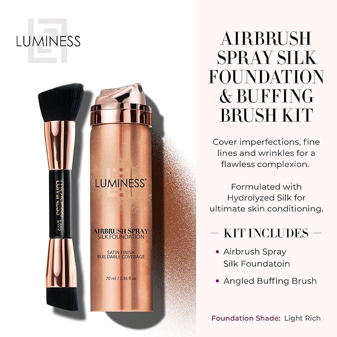 LUMINESS Silk Airbrush Spray Foundation & Buffing Brush Kit – Full Coverage Foundation & Dual-Sided Buffing Brush - Buildable Coverage, Anti-Aging Formula Hydrates & Moisturizes (Shade - Light Rich)