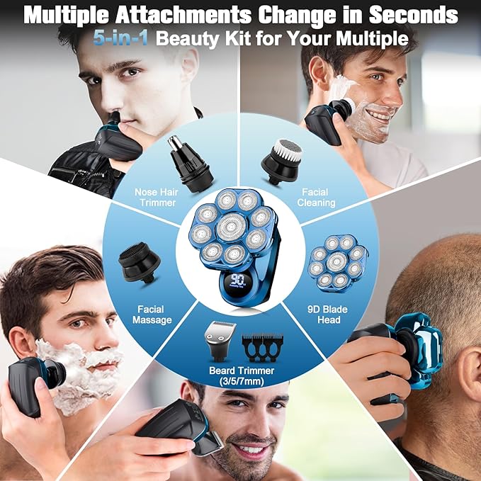 9D Electric Head Shaver for Bald Men, Upgraded 5-in-1 Waterproof Wet/Dry Grooming Kit Electric Shaver for Men, Cordless Rechargeable Bald Head Razor for Home&Travel