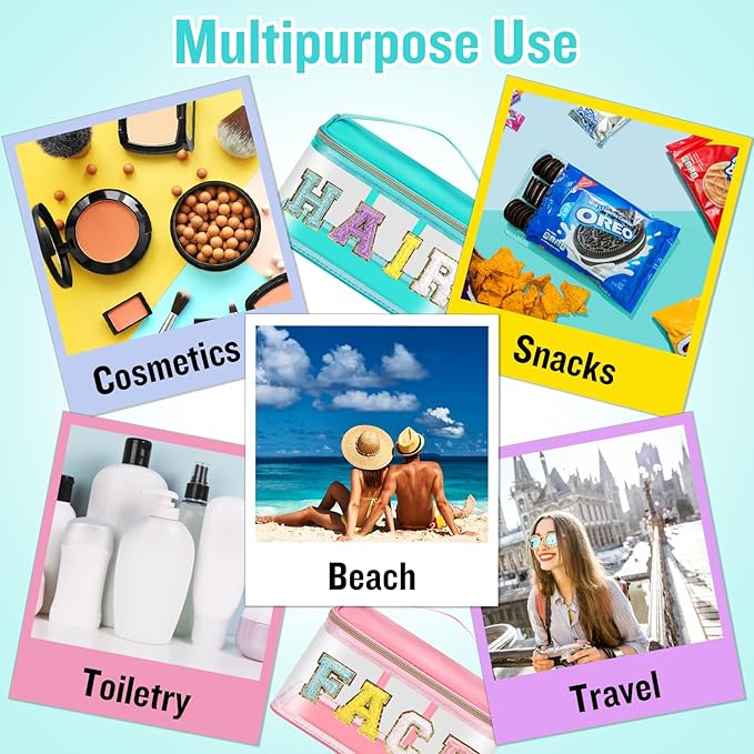 2 Pcs Chenille Letter Clear Makeup Bags FaceHair Pouch, Preppy Patch Travel Face Bag Zipper with Handle, Travel Hair Bags for Hair Stuff Waterproof Cosmetic Toiletry Storage for Women Girl(HAIR+FACE)