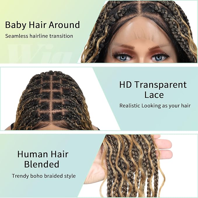 18" 13x8 Inch HD Lace Front Boho Box Braided Wigs With Cruls Ends Short Knotless Box Braid Wig for Women Full Braided Lace Front Wig With Baby Hair Blonde Natural Color