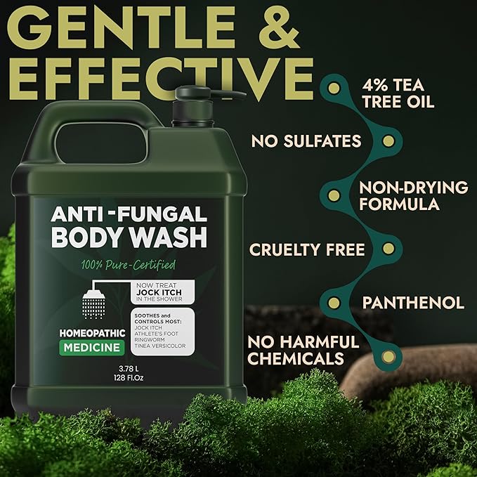 Antifungal & Antibacterial Body Wash with Tea Tree Oil | Homeopathic Medicine for Jock Itch, Athlete’s Foot, Ringworm, Back Acne & Eczema | Antibacterial Soap for Men & Women | 1 Gallon Pump Dispenser