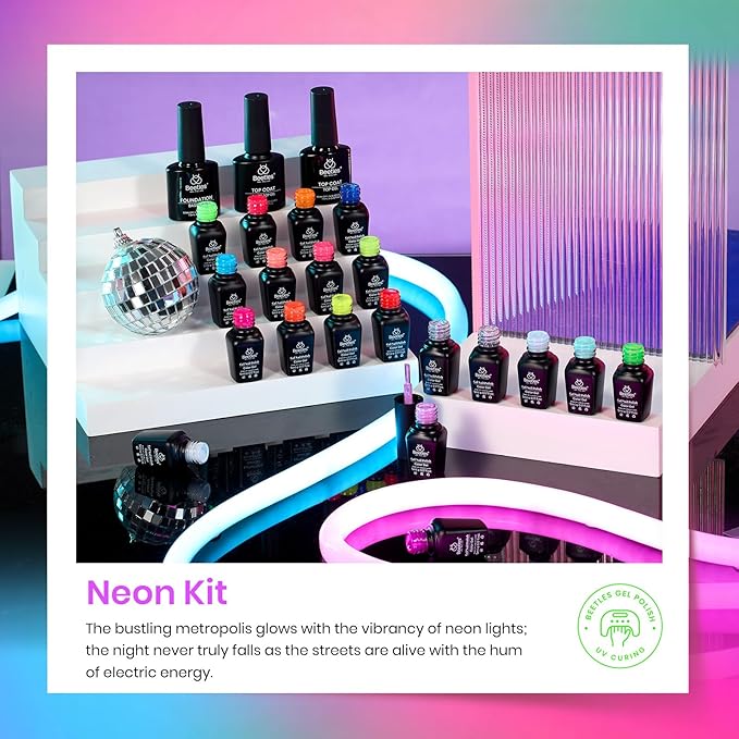 Beetles Gel Polish Set 23Pcs Neon Gel Nail Polish Kit with 3Pcs Base Gel Top Coat, Orange Blue Hot Pink Magenta Lemon Green Colors Nail Soak Off UV Manicure Rainbow Nail
