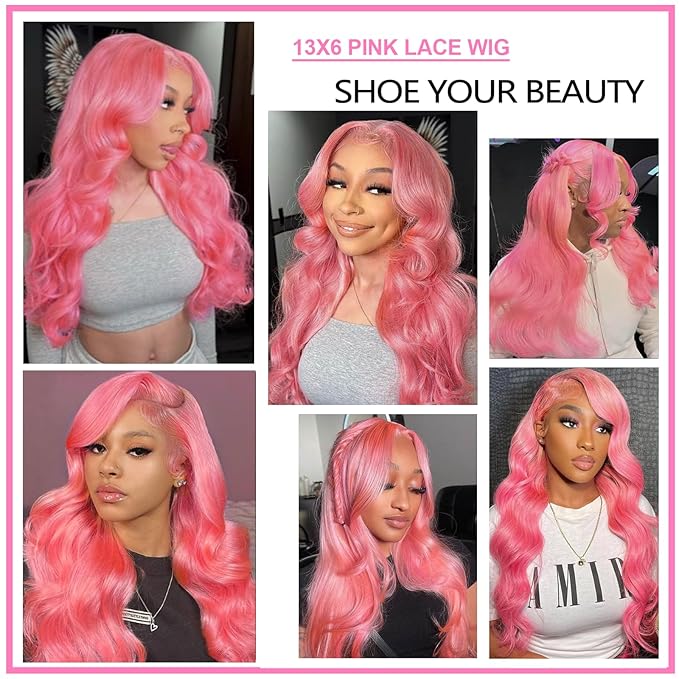 34 Inch Pink Lace Front Wig Human Hair For Black Women Hot Pink 13x6 Hd Body Wave Lace Front Wig Human Hair Pre Plucked With Baby Hair 180% Density Wear And Go Glueless Hd Full Lace Frontal