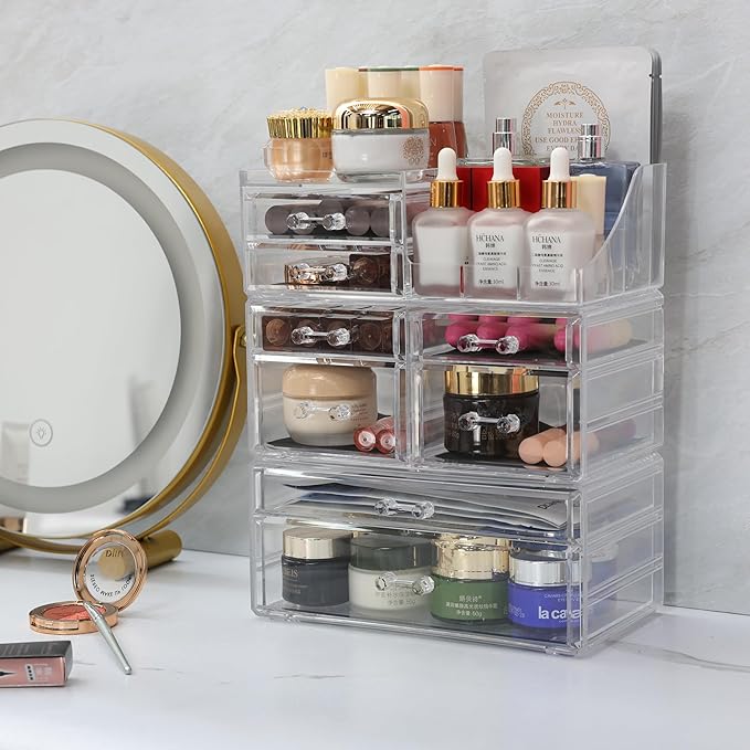 Cq acrylic 3 Pack Clear Make Up Organizers for Vanity With 8 Drawers,Stackable Skincare Organizer and Cosmetic Storage Organizer for Jewelry,Lipstick,Beauty,Skin Care,Vanity Organizers and Storage