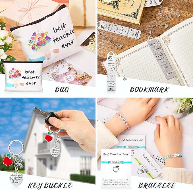 LEIFIDE 24 Pcs Teacher Appreciation Gifts Set, Thank You Birthday Gifts for Teachers 6 Teacher Cosmetic Bag 6 Teacher Blessing Card Bracelet 6 Bookmarks 6 Keychain for Women Teachers Day Graduation