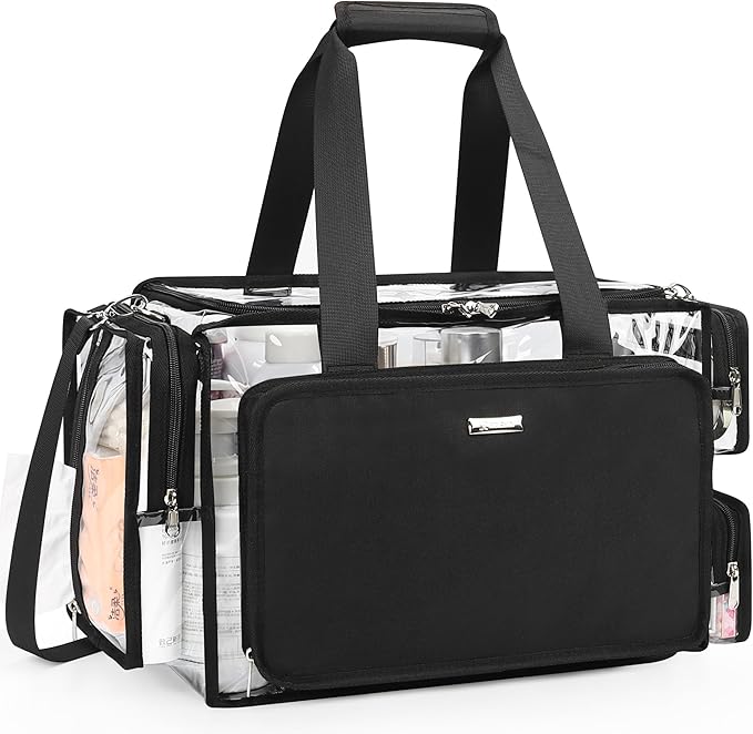 Relavel Clear Makeup Bag Extra Large Makeup Artist Set Bag, Cosmetic Storage Organizer Hair Stylist Travelling Bag, Transparent Tote Duffle Beach Toiletry Bag with Adjustable Dividers & Shoulder Strap