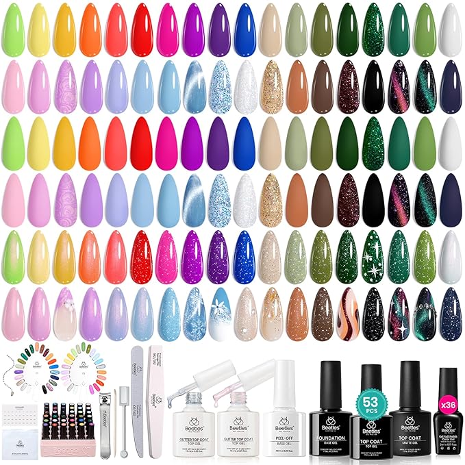 Beetles Summer Gel Nail Polish Set, 53pcs Neon Polish Kit, 36 Colors Green Red Orange Glitter Pastel Cat Eye Uv Gel Polish, All Season Travel Diary Manicure Tools Gift for Women