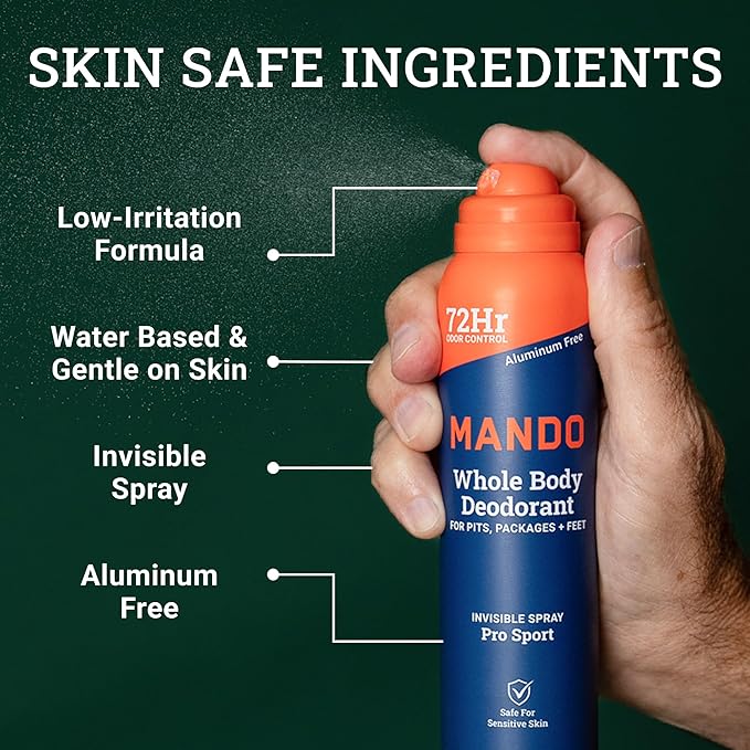 Mando Whole Body Deodorant For Men - Invisible Spray Deodorant - 72 Hour Odor Control - Low Irritation Formula - Aluminum Free, Benzene Free - 3.6 ounce Cans (Pack of 2) - Pro Sport