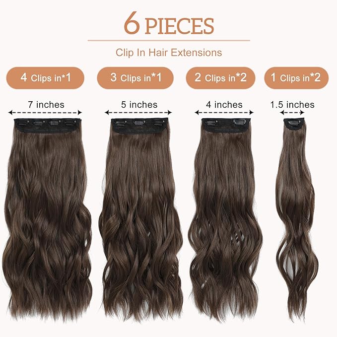 Clip in Hair Extensions for Women - 20 Inch Long Wavy Brown Extensions, 6PCS Chestnut Hairpieces that Blend Naturally with Your Real Hair (20 Inch, Chestnut)