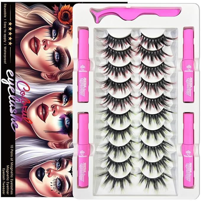 Color Magnetic Eyelashes Colored Eyelashes for Halloween Party Cosplay Makeup Kit,MIX 2 Style 10 Pairs Magnetic Lashes with Eyeliner, Wispy Cat-Eye Look 18-23MM Fake Eyelash Cruelty-Free & Vegan