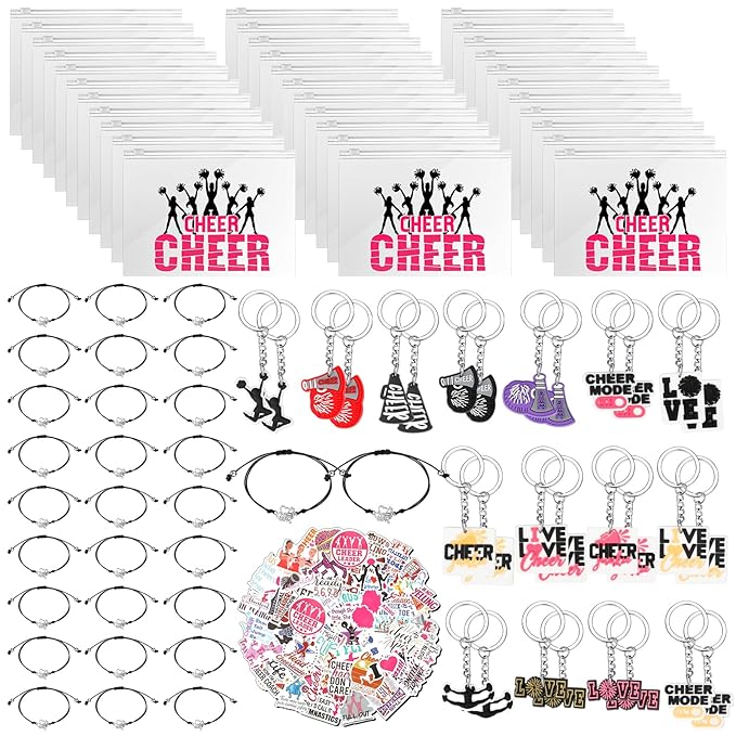 91 Pcs Cheerleader Gifts Kit Zipper Portable Cheer Makeup Bag Keychain Black Cheer Bracelets 1 Bag Waterproof Stickers for Women Girls Cheerleader Teammates