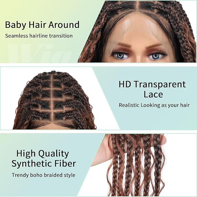 18" 13x8 Inch HD Lace Front Boho Box Braided Wigs With Cruls Ends Short Knotless Box Braid Wig for Women Full Braided Lace Front Wig With Baby Hair Brown Natural Color