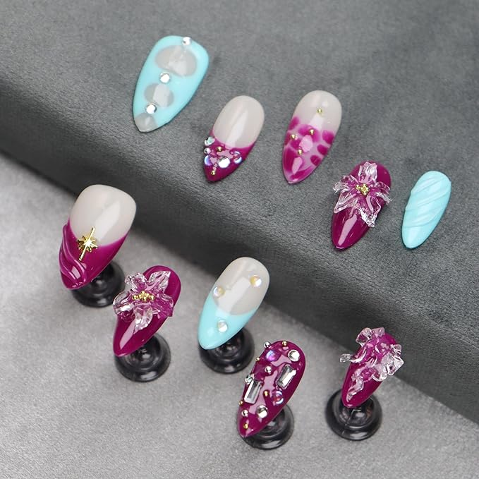 Almond Press on Nails Handmade Medium Long/Stiletto 3D Flower Fake Nail with Designs, Women Reusable False Nails (Purple Blue, M)